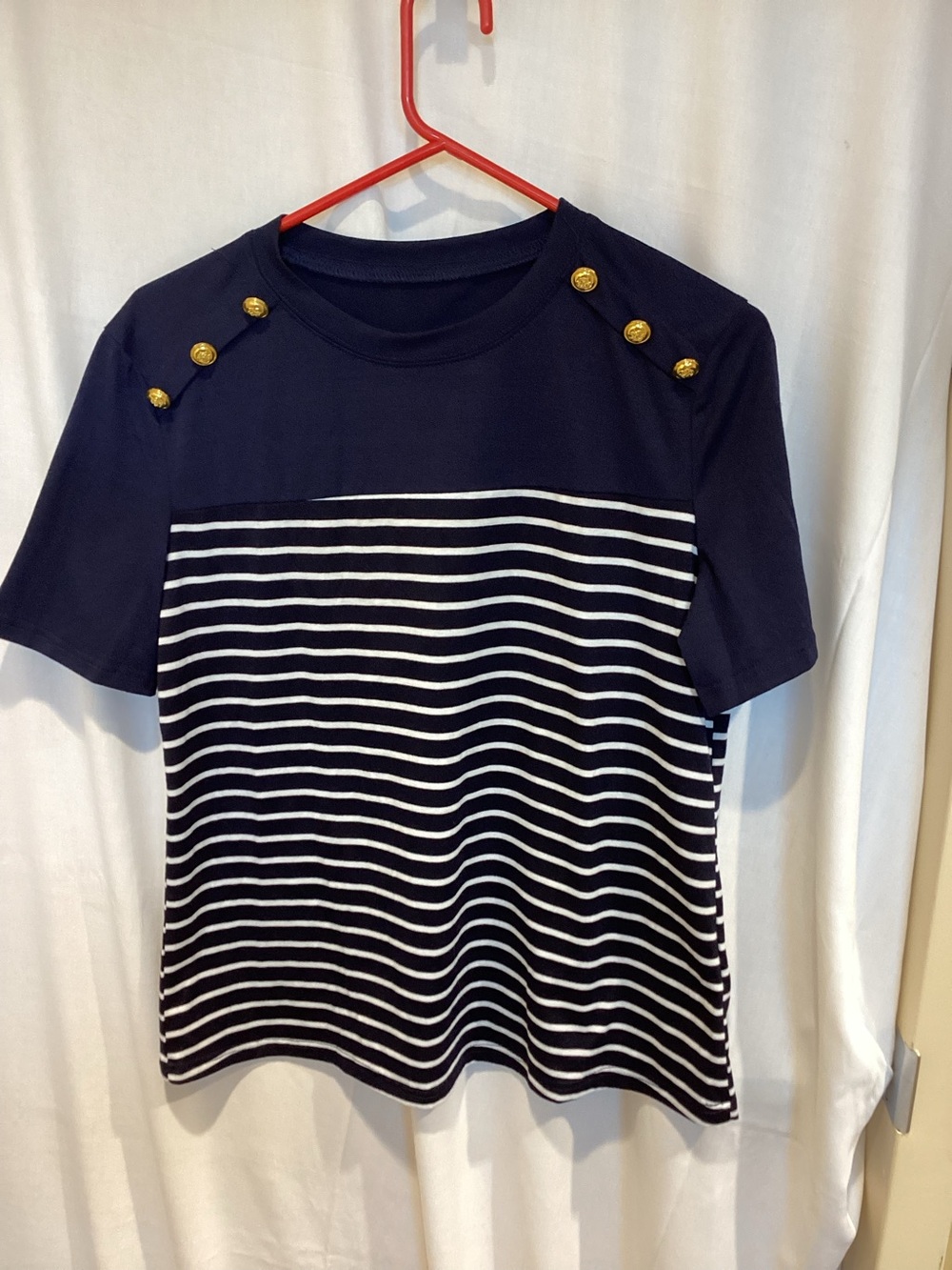 Navy Striped Sailor-Inspired Knit Top with Gold Buttons